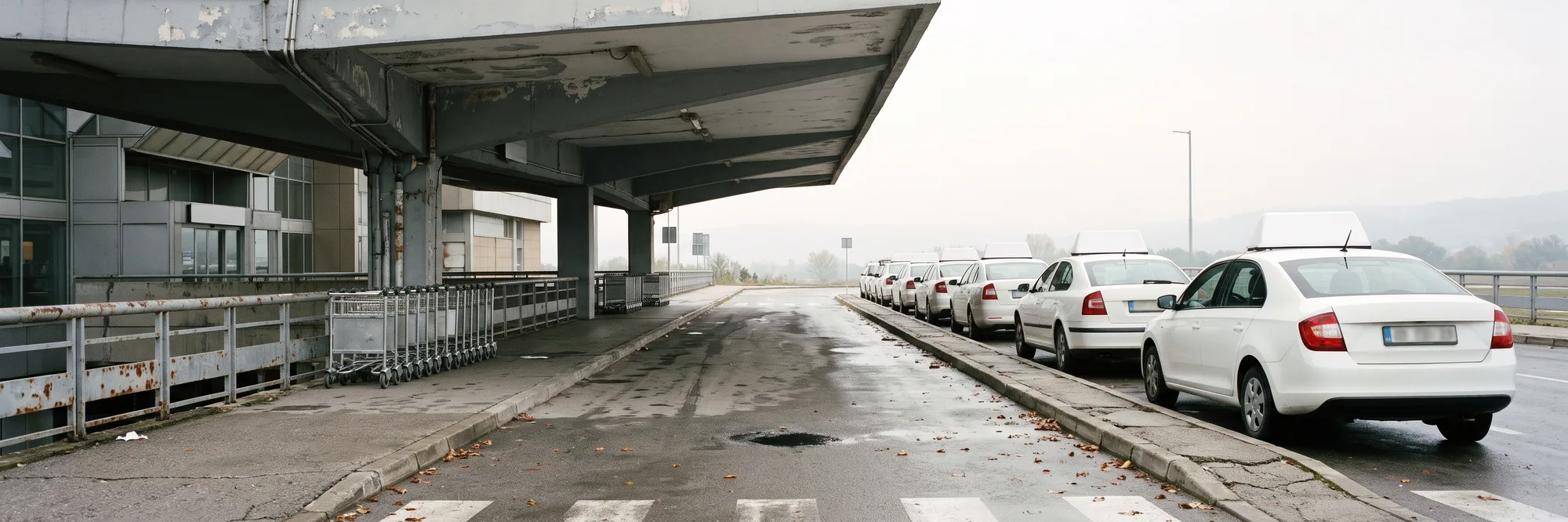 Një varg taksish të bardha që presin në bordurën e mbërritjeve të një aeroporti, nën një strehë betoni, me karroca bagazhesh pranë parmakut dhe asfalt të lagur nga shiu