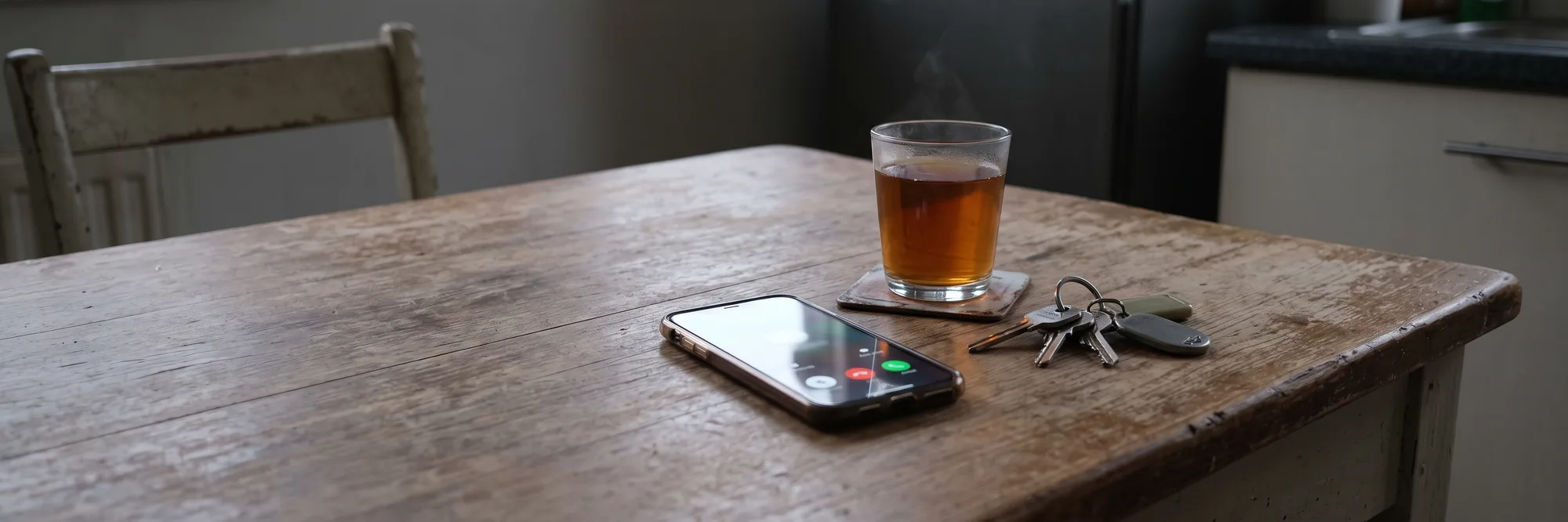 Një telefon që bie mbi një tavolinë kuzhine prej druri, pranë një gote çaj dhe çelësave të shtëpisë