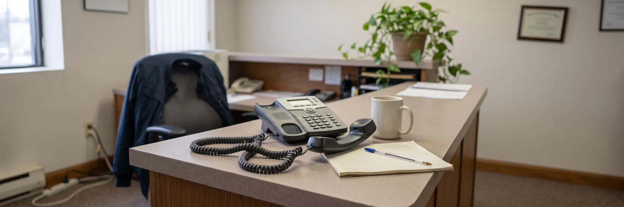 Një telefon zyre me kordon, me receptorin të ngritur e të lënë mbi banak, pranë një blloku shënimesh, një stilolapsi dhe një filxhani