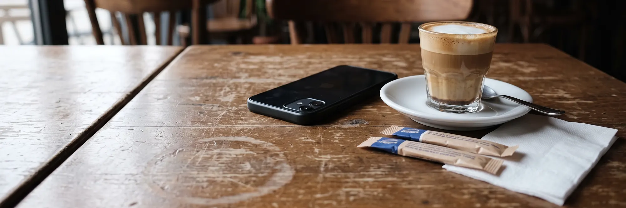 Një telefon celular pranë një makiato në tavolinën e një kafeneje